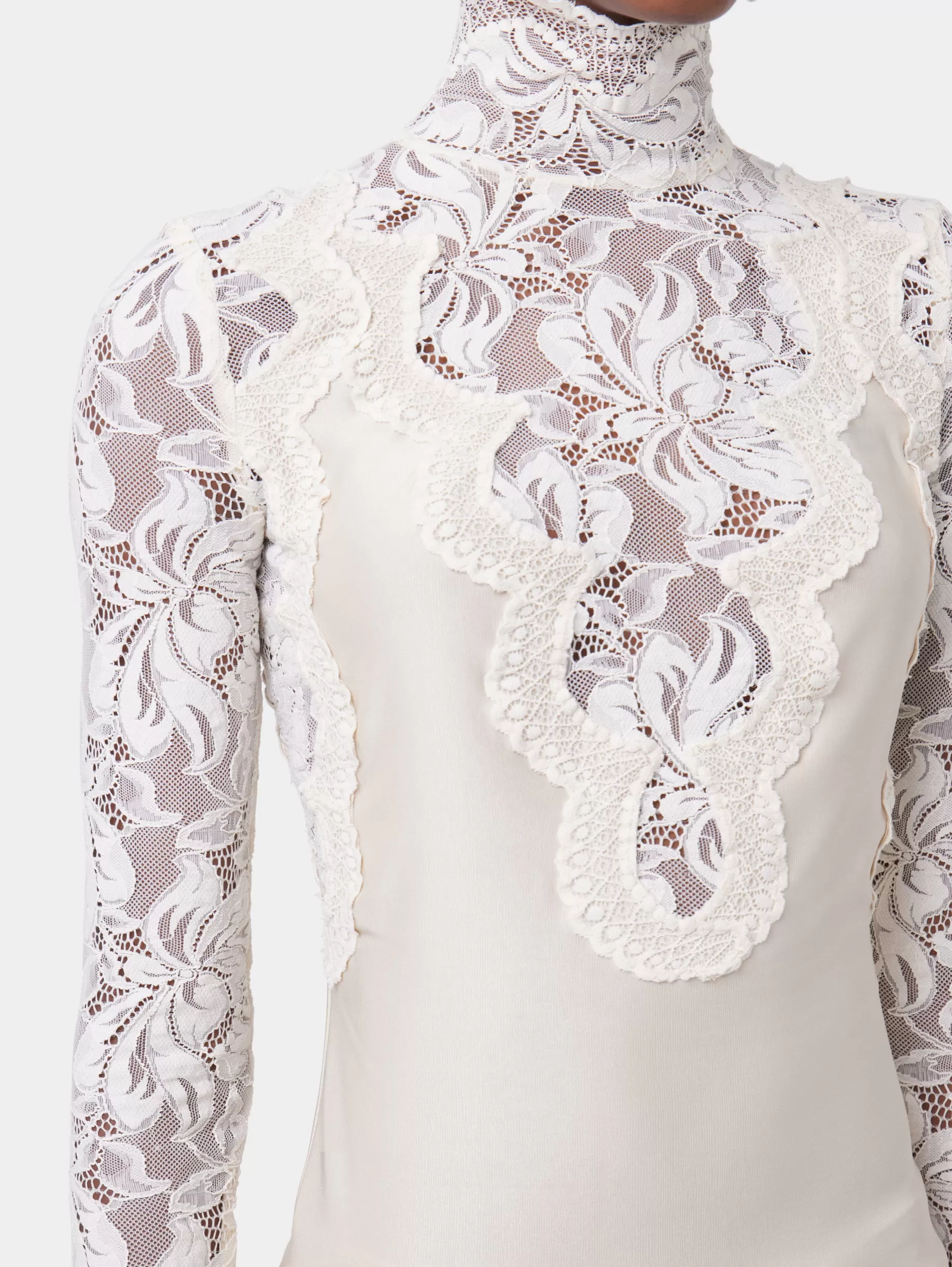 Rabanne IVORY LONG SLEEVE TOP IN LACE AND JERSEY