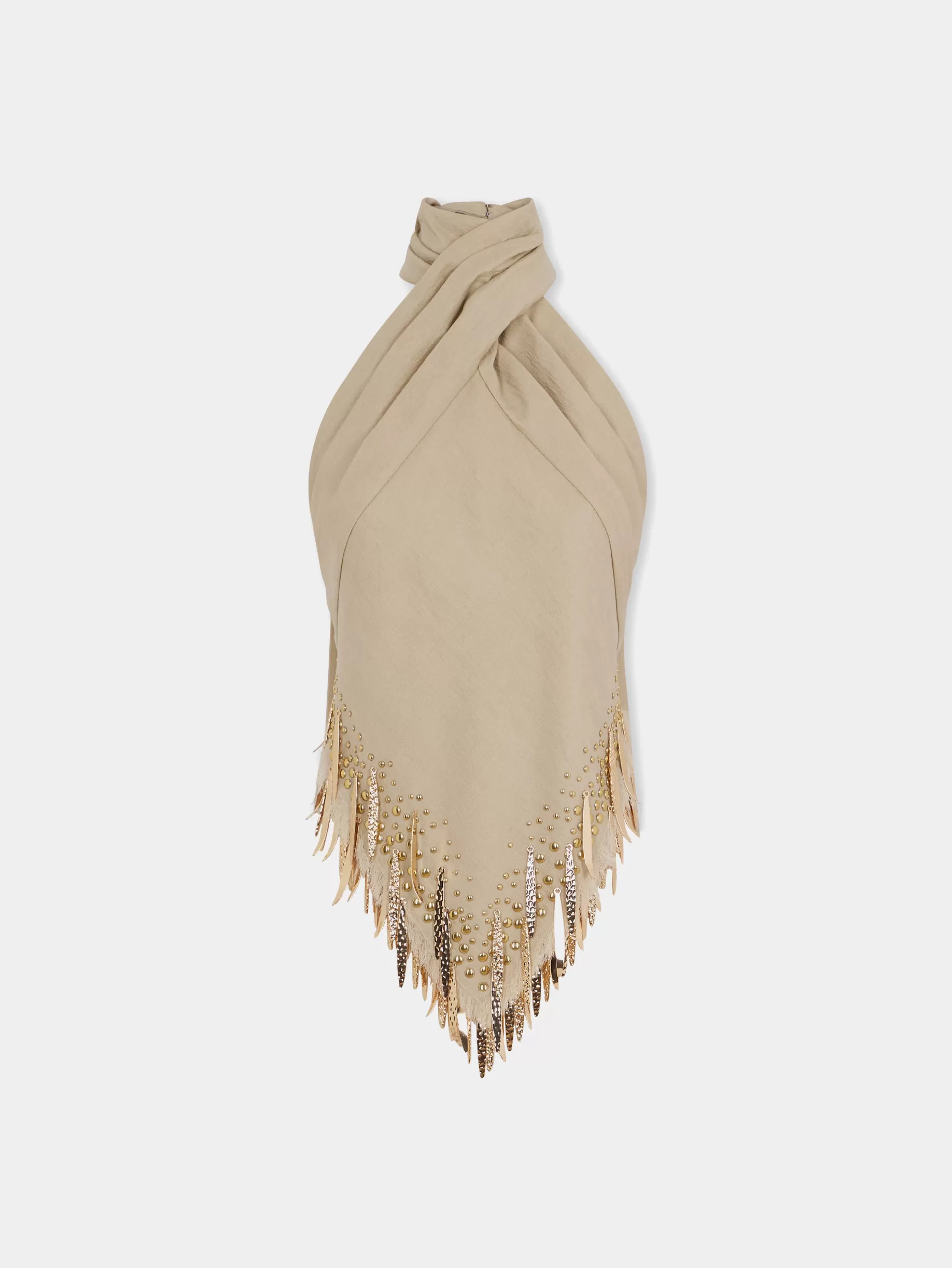 Rabanne Sand colored top in wool embelished with metallic fringe details